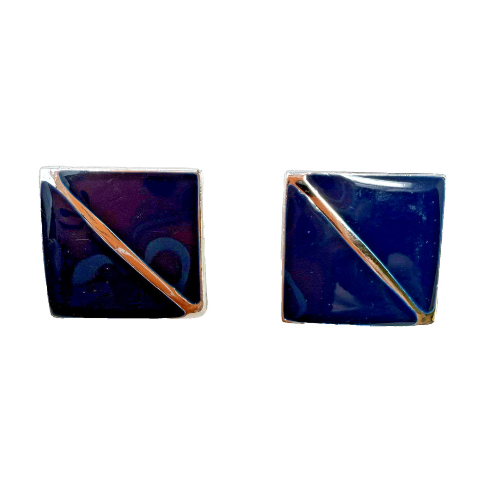 Vintage Blue Enamel Square Stud Earrings Gold Tone Diagonal Line Retro .75